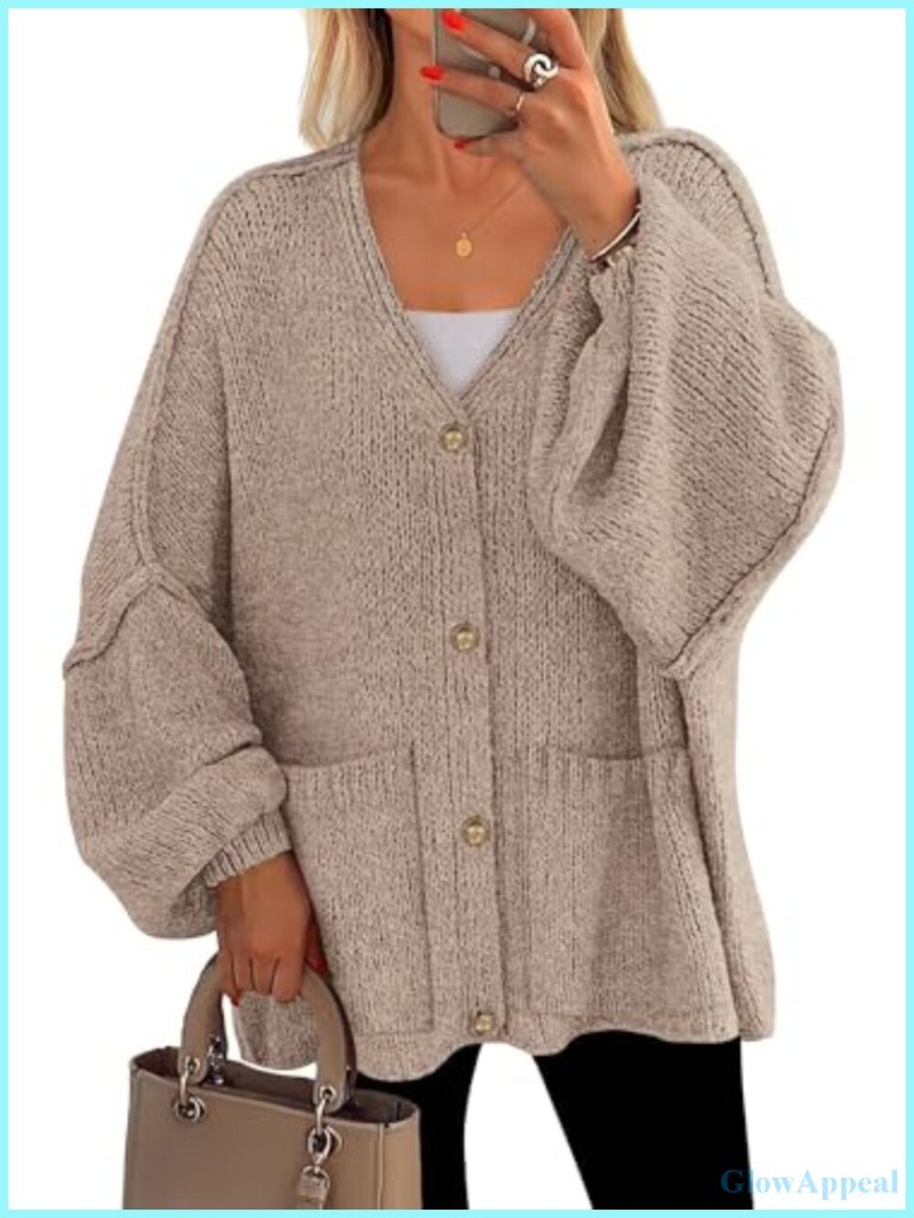 Chunky Knit Cardigan for Women with V-Neck and Lantern Sleeves